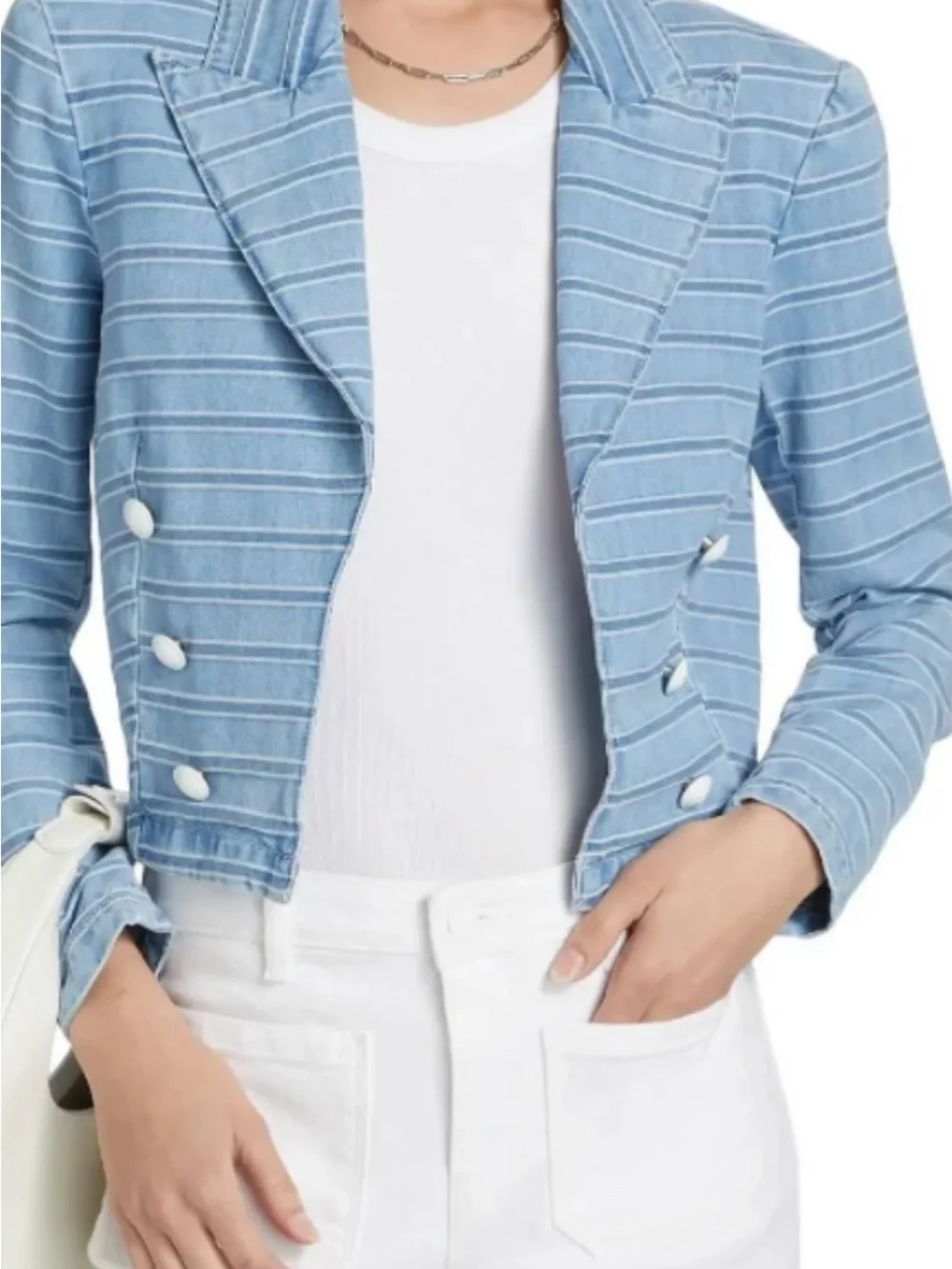 New L'AGENCE Blue Striped Cropped Double-Breasted Jacket Blazer